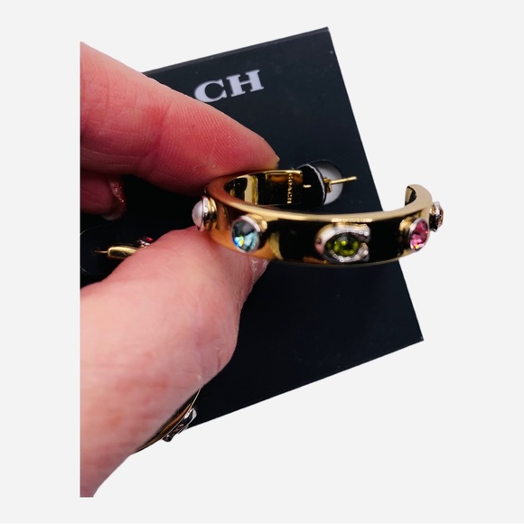 Coach Pegged Stone Hoop Earrings Crystals, Pearls 14k Gold Plated Brass NWT $95 - Picture 1 of 2
